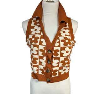 Say What Girls Orange Rust White Button Down Vest Cardigan Sweater Size M